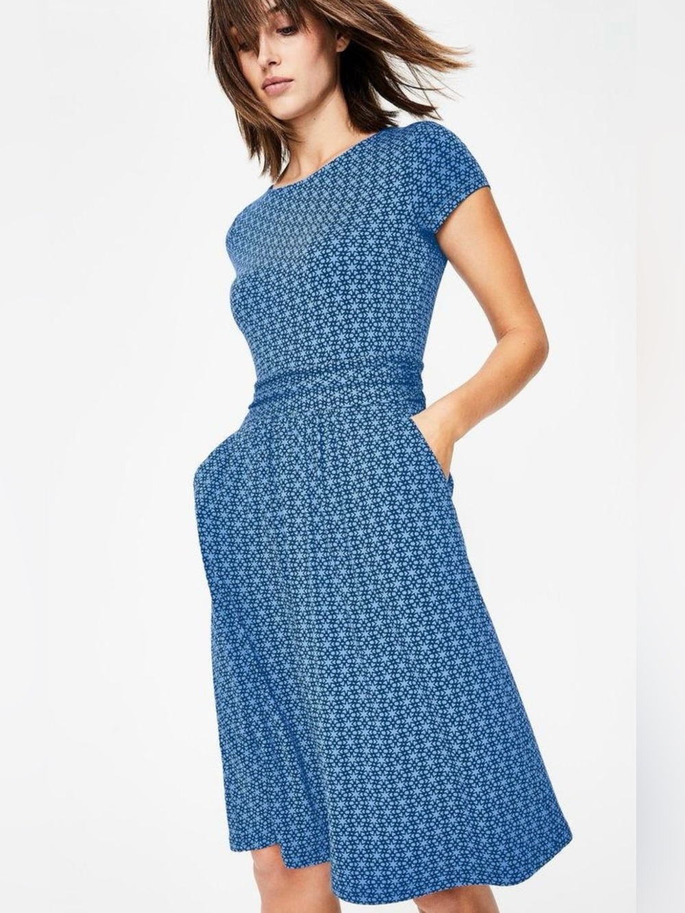 Boden Amelie Jersey Dress Blue Star Print Ruched Fit Flare Midi US 4R